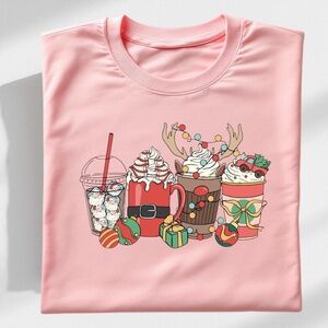 Christmas T-shirt Holiday Coffee S M L XL XXL soft fun New Custom made Pink